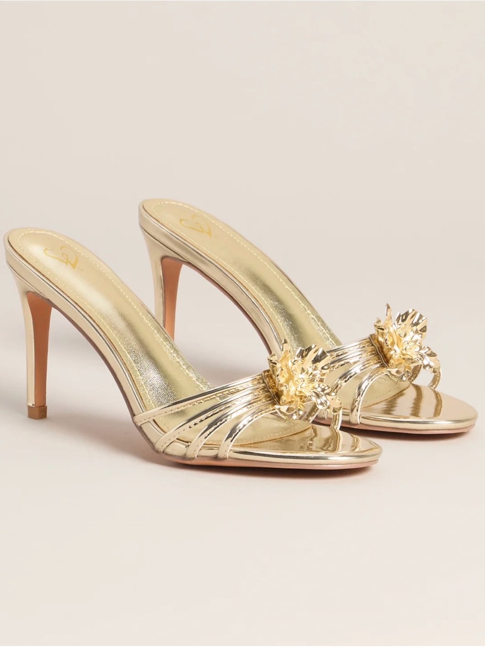 REVOLVE Metallic Gold Floral-Embellished High Heel Mules
